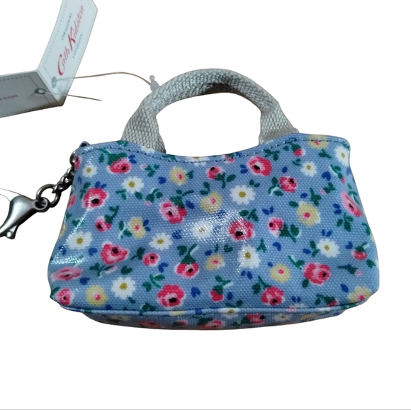 Cath Kidston London Coin Purse Mini Bag Key Ring Clip Floral Print Blue Flowers - Picture 2 of 8